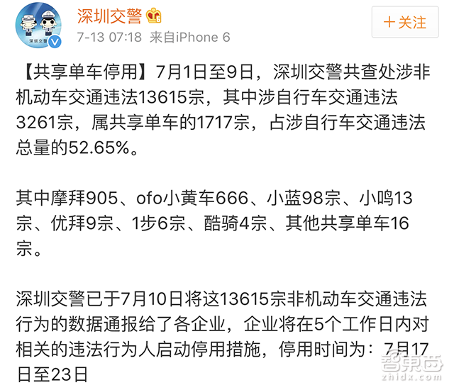 1.3万深圳人被禁骑共享单车 因驾驶非机动车出现交通违法