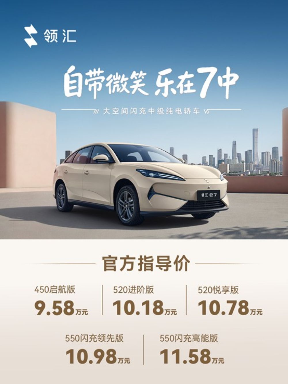 比亚迪领汇e7 9.58万开卖！闪充进入10万级纯电轿车