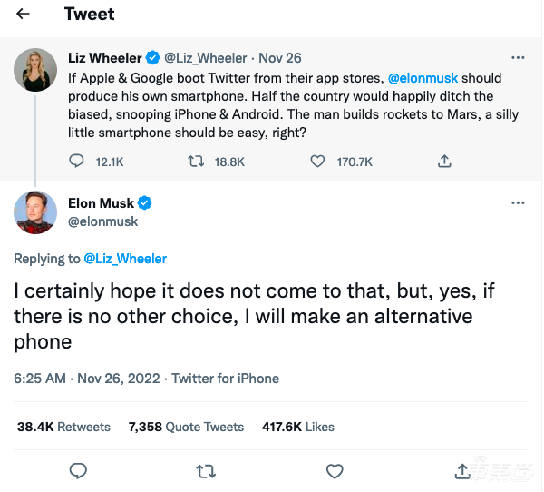 特斯拉要造手机?马斯克:如果苹果谷歌下架推特,我会制造手机