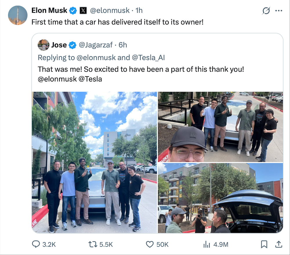 刚刚，一辆特斯拉自己从工厂开到车主家！马斯克很激动：全球首次