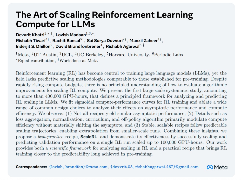 炼模不再“烧钱”？消耗40万GPU·小时后，Meta开源强化学习重磅研究成果