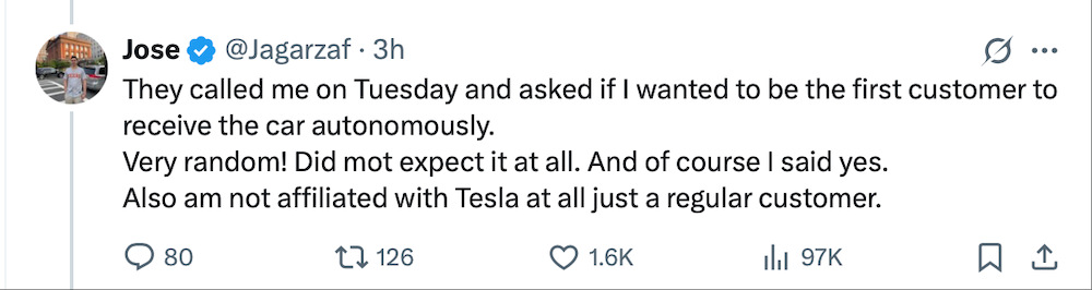 刚刚，一辆特斯拉自己从工厂开到车主家！马斯克很激动：全球首次