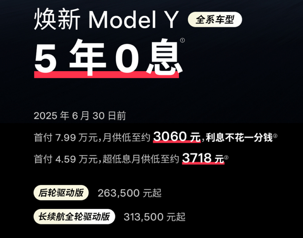 特斯拉焕新Model Y首推5年0息政策，月供最低3千元，Model 3保险补贴8千元