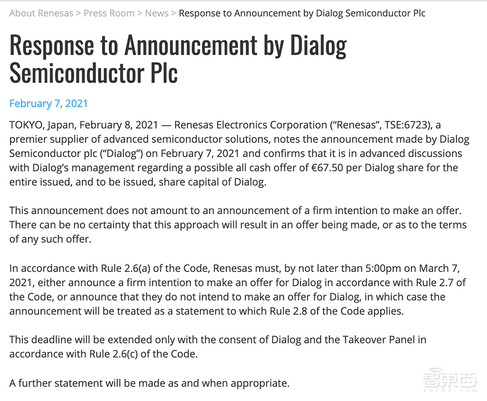 60亿美元,开年最大芯片收购案!日本瑞萨电子拟收购Dialog