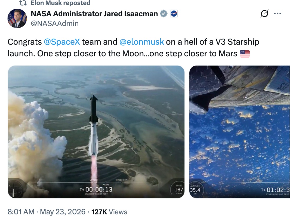 刚刚,马斯克SpaceX发射人类史上最大最强火箭!NASA局长点赞星舰V3