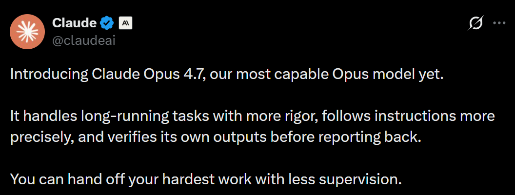 Claude Opus 4.7深夜炸场！胜任更长任务、自主检查，视觉能力拉满