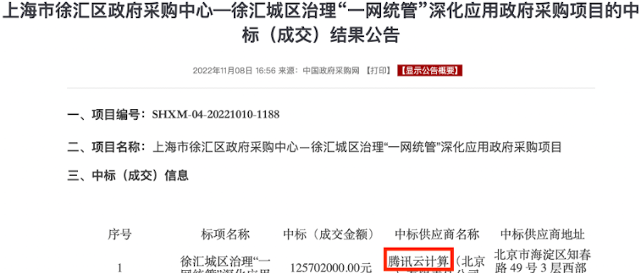 1.26亿元！腾讯云中标上海“一网统管”大单