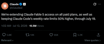 一夜之间，AI额度集体“回血”！Fable 5再延7天，Codex取消5小时限制