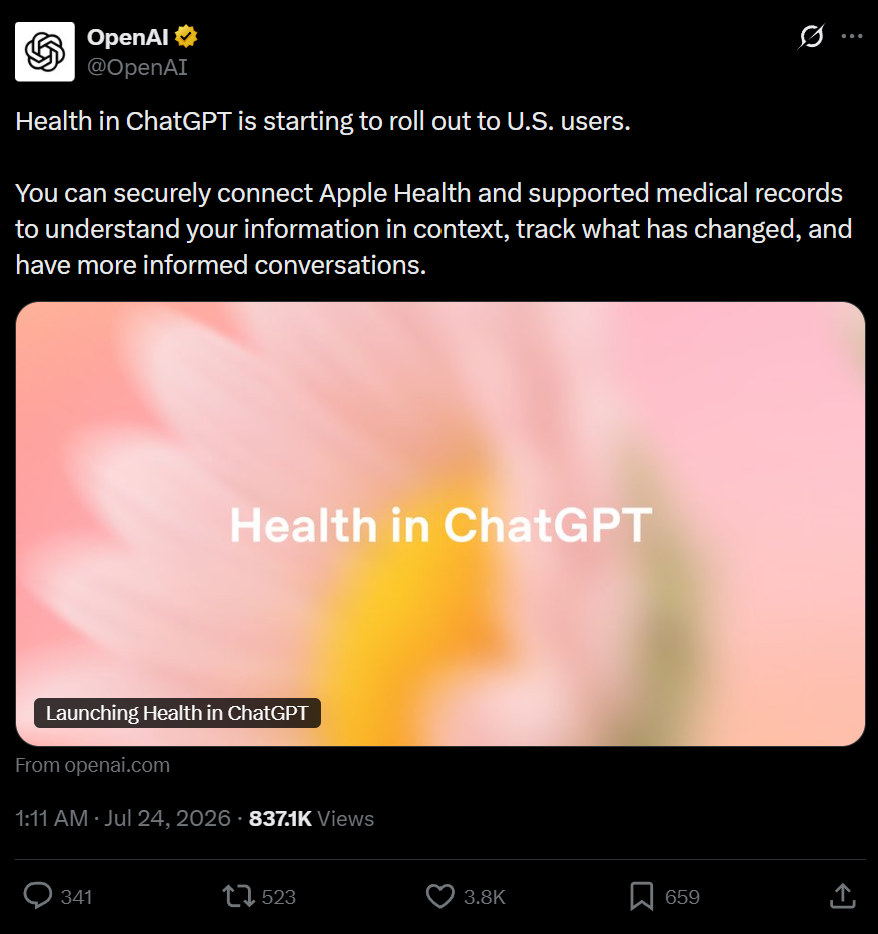 OpenAI版“阿福”上线：能读取病历看病情，打通Apple Health